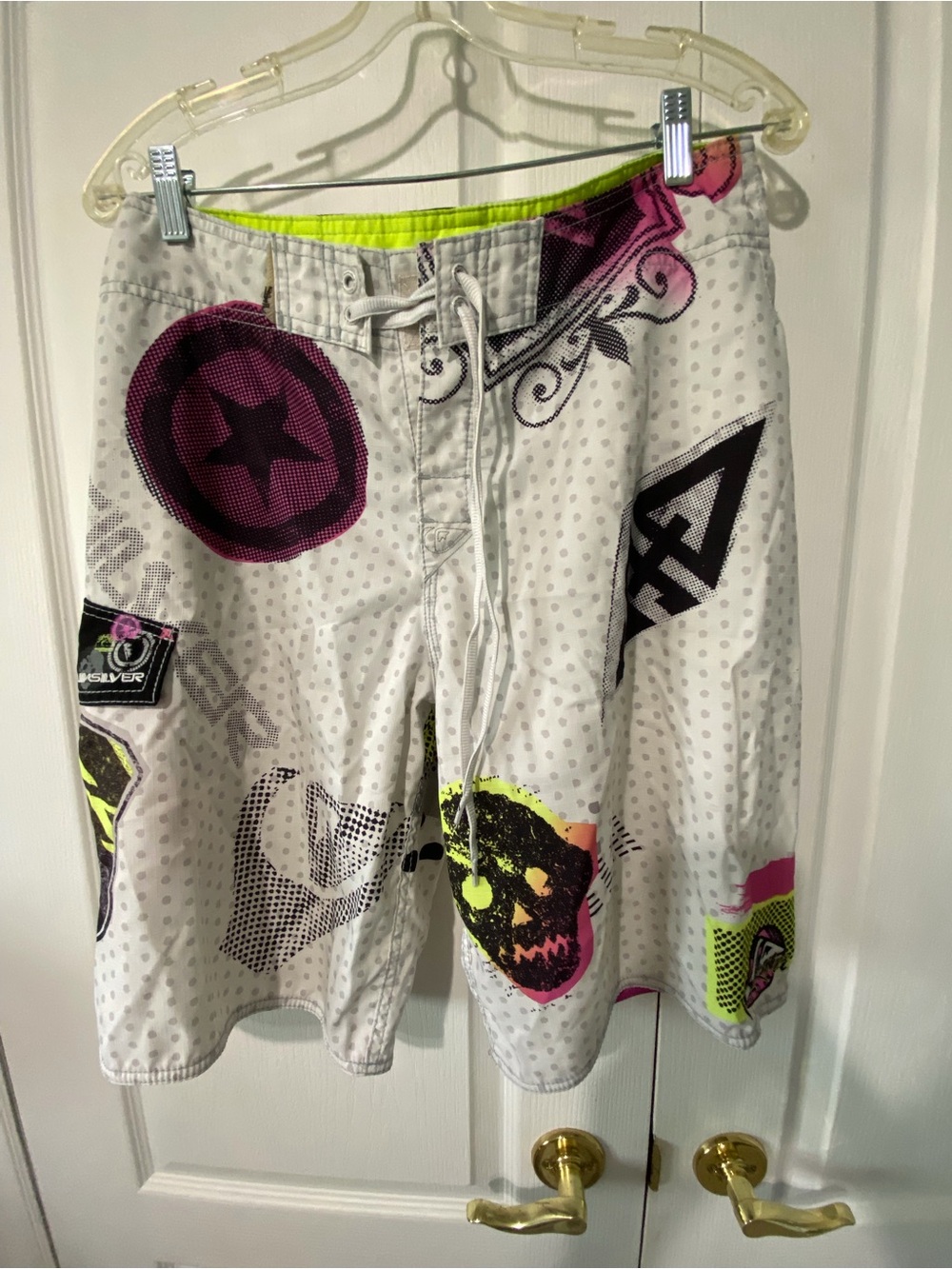 Quiksilver Men’s White Board Shorts with Neon Pink & Yellow Graphics